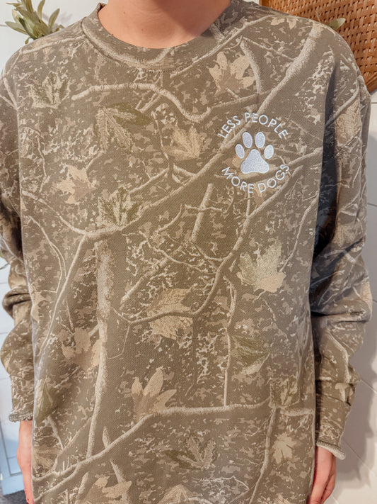 Less People More Dogs Embroidered Camo Sweatshirt