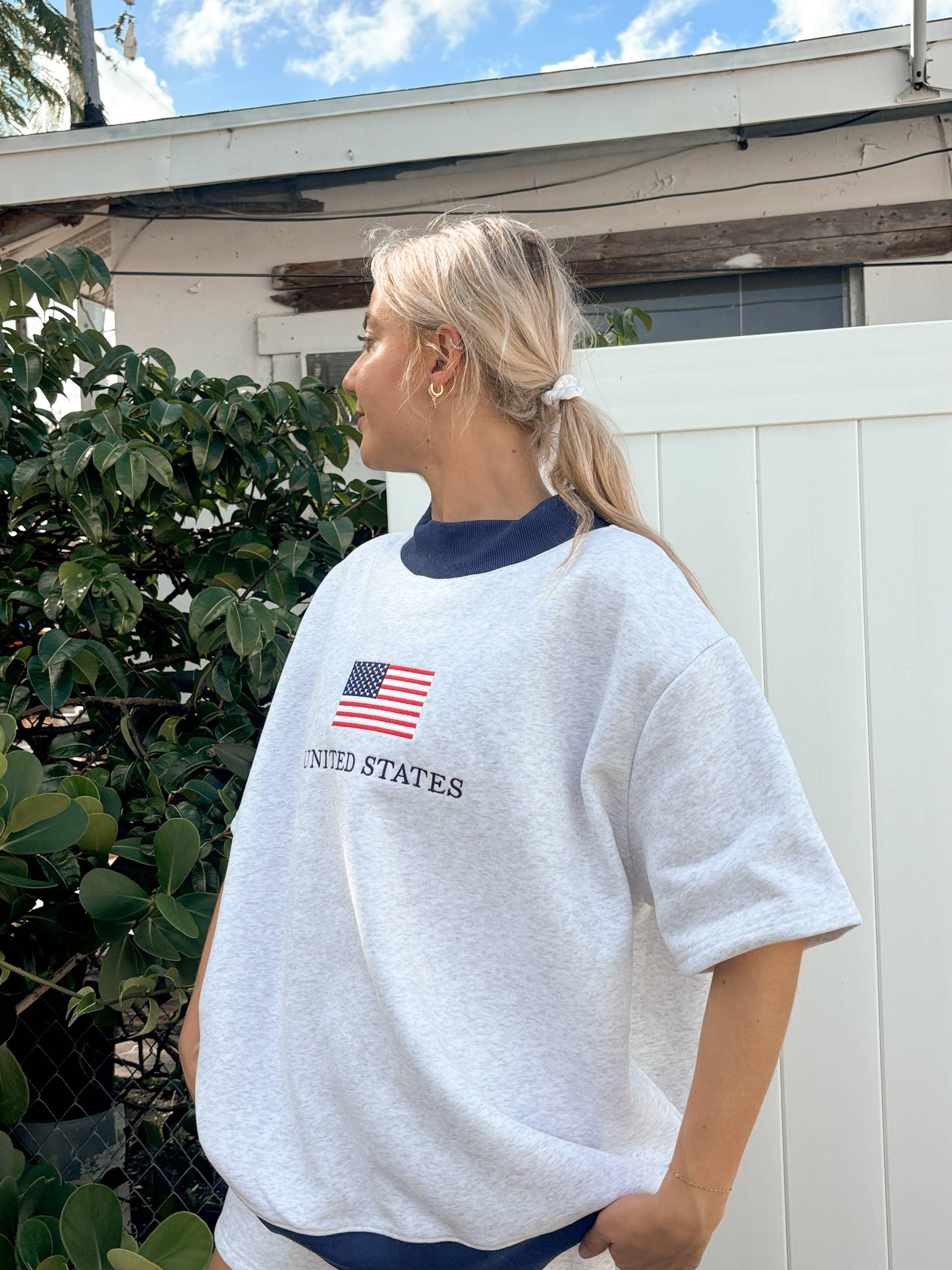 United States Flag Embroidered Mockneck Short Sleeve Sweatshirt