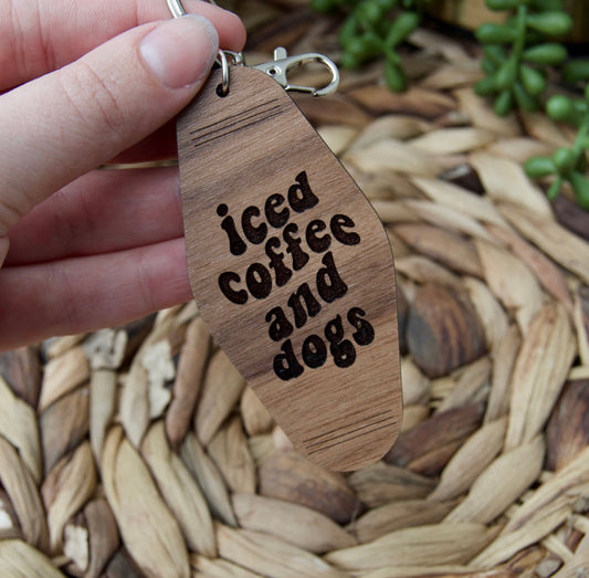 Iced Coffee and Dogs Wood Motel Keychain