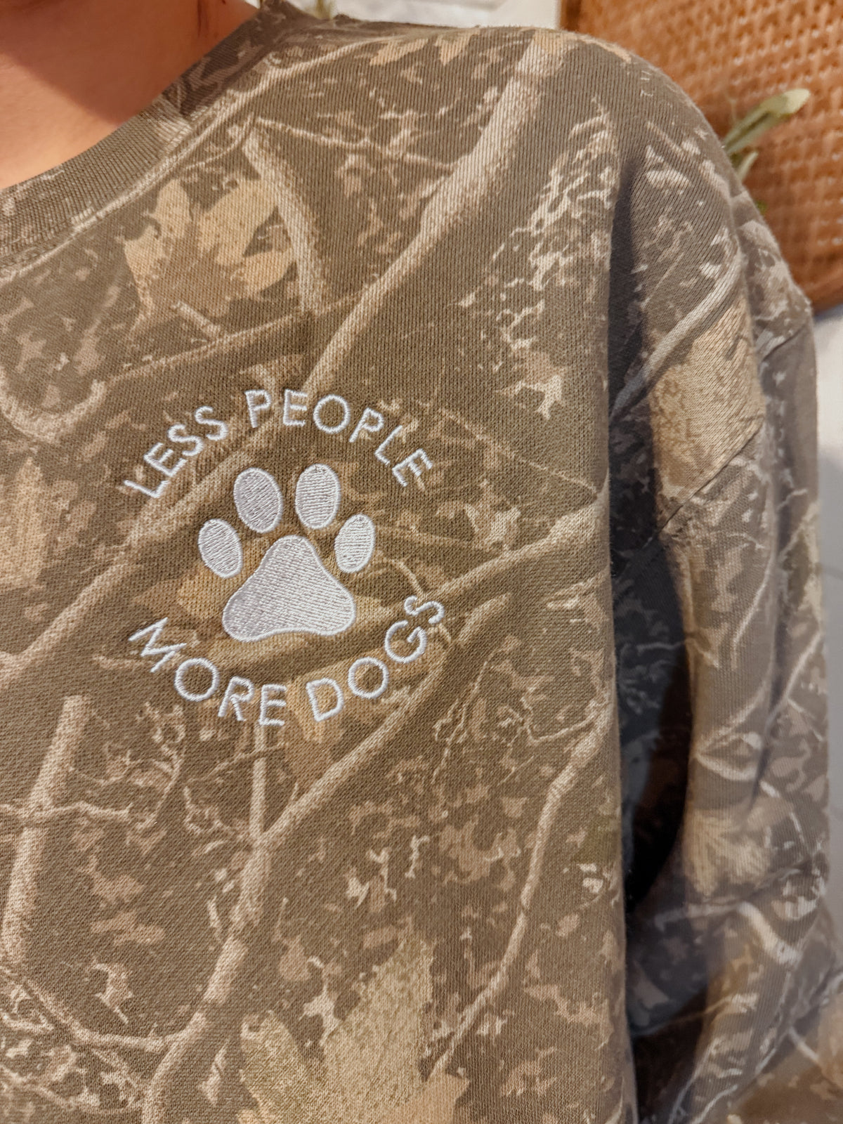 Less People More Dogs Embroidered Camo Sweatshirt