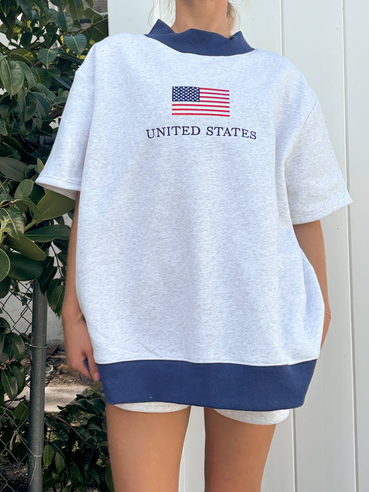 United States Flag Embroidered Mockneck Short Sleeve Sweatshirt