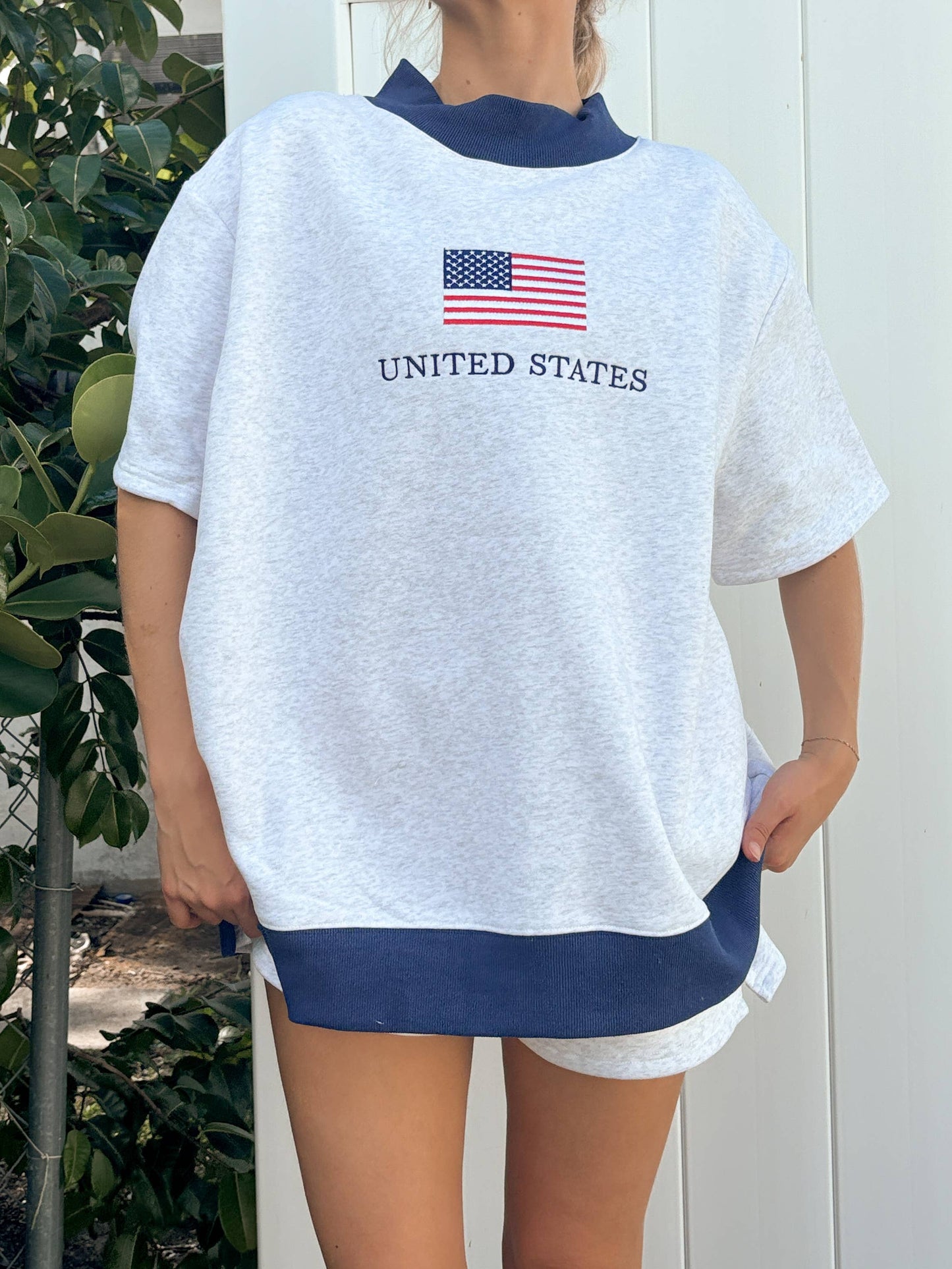 United States Flag Embroidered Mockneck Short Sleeve Sweatshirt