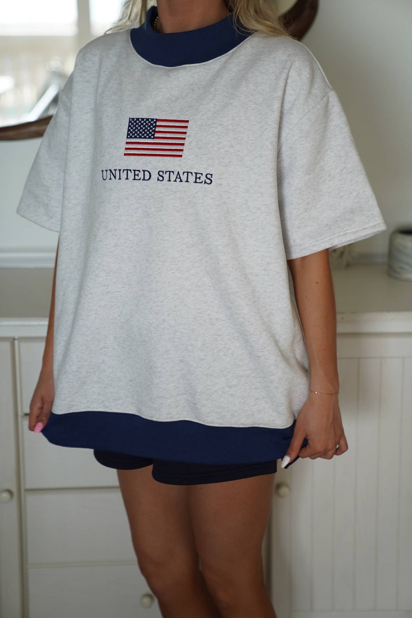 United States Flag Embroidered Mockneck Short Sleeve Sweatshirt
