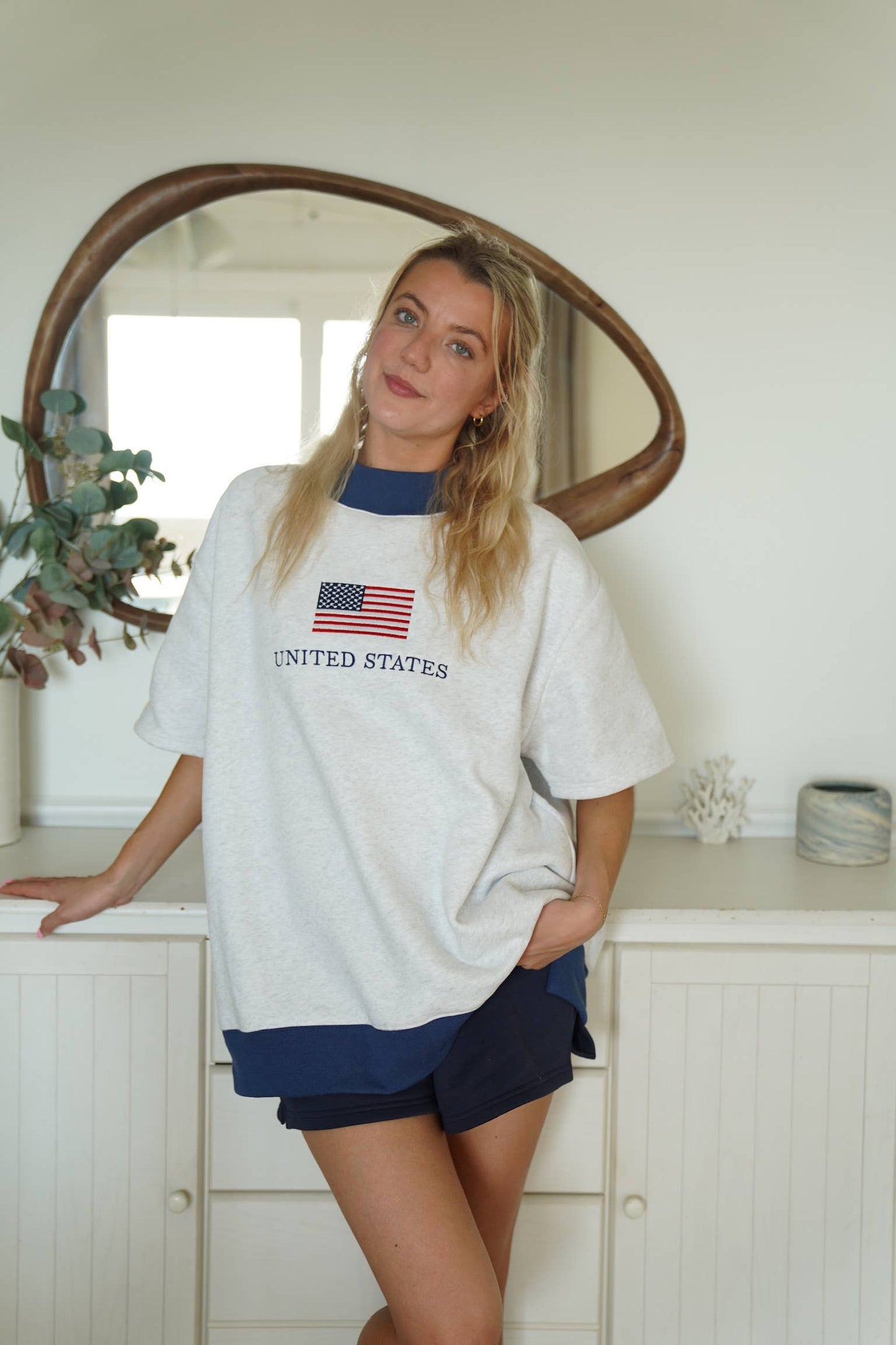 United States Flag Embroidered Mockneck Short Sleeve Sweatshirt
