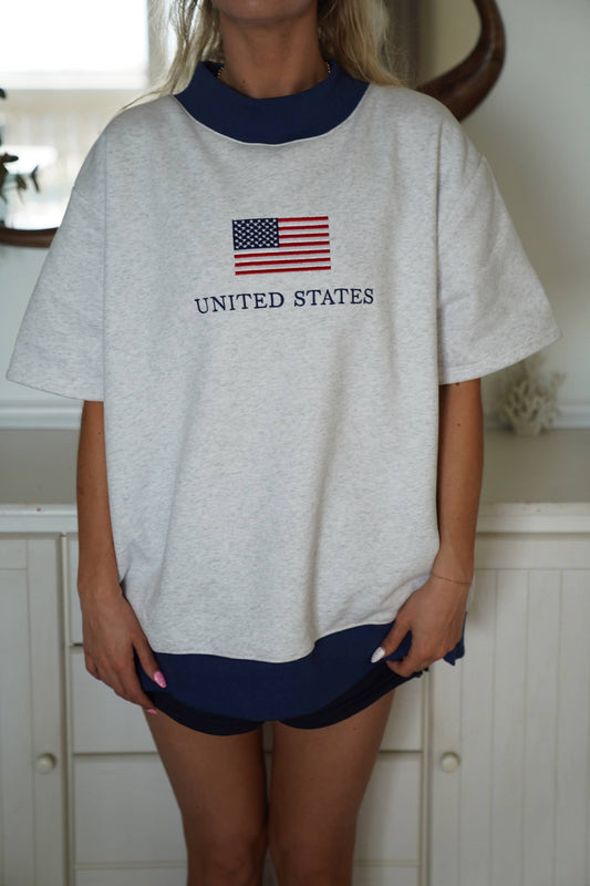 United States Flag Embroidered Mockneck Short Sleeve Sweatshirt